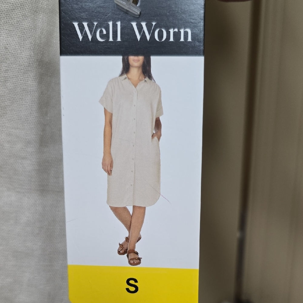 Well Worn Women's Tan Button-Up Linen Dress With Pockets, NWT, Small